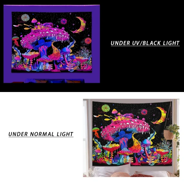 1pcFluorescent colored mushroom tapestry, ultraviolet black light natural plant forest moon flower mysterious night sky tapestry 3