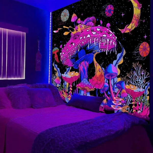 1pcFluorescent colored mushroom tapestry, ultraviolet black light natural plant forest moon flower mysterious night sky tapestry 5