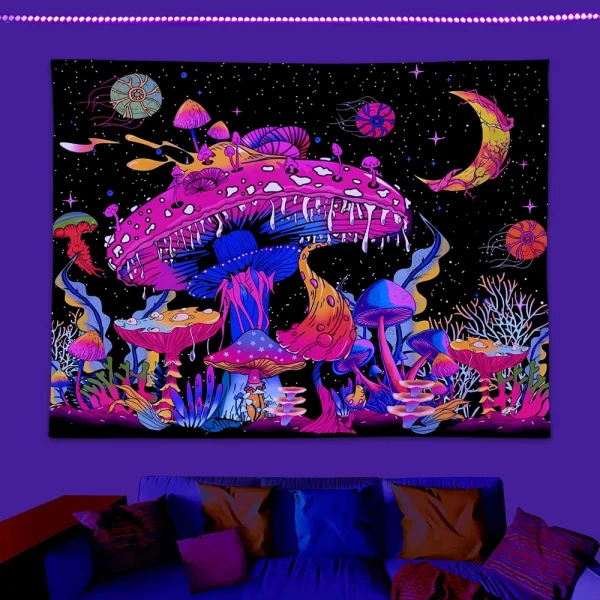 1pcFluorescent colored mushroom tapestry, ultraviolet black light natural plant forest moon flower mysterious night sky tapestry 6