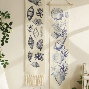 1pc Boho Coastal Seashell Wall Hanging Tapestry,Cotton Banner with Fringe,Nautical Beach Home Decor for Living Room Bedroom Gift 1