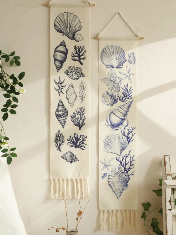 1pc Boho Coastal Seashell Wall Hanging Tapestry,Cotton Banner with Fringe,Nautical Beach Home Decor for Living Room Bedroom Gift 1