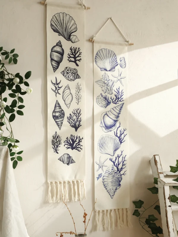 1pc Boho Coastal Seashell Wall Hanging Tapestry,Cotton Banner with Fringe,Nautical Beach Home Decor for Living Room Bedroom Gift 2