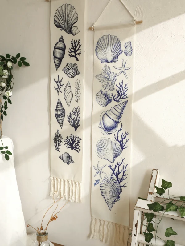 1pc Boho Coastal Seashell Wall Hanging Tapestry,Cotton Banner with Fringe,Nautical Beach Home Decor for Living Room Bedroom Gift 3