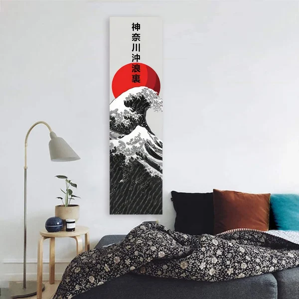 Japanese Ocean Waves Wall Decoration Tapestry Red Sun & Ocean Waves Landscape Aesthetic Tapestry Wall Hanging Home Room Decor 2