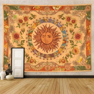 1pc Sun Moon Fantasy Tapestry, Retro Ethnic Wave Simia Tapestry, Sunflower Constellation Aesthetic Wall Hanging 1