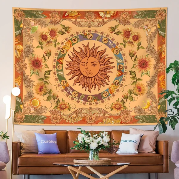 1pc Sun Moon Fantasy Tapestry, Retro Ethnic Wave Simia Tapestry, Sunflower Constellation Aesthetic Wall Hanging 3