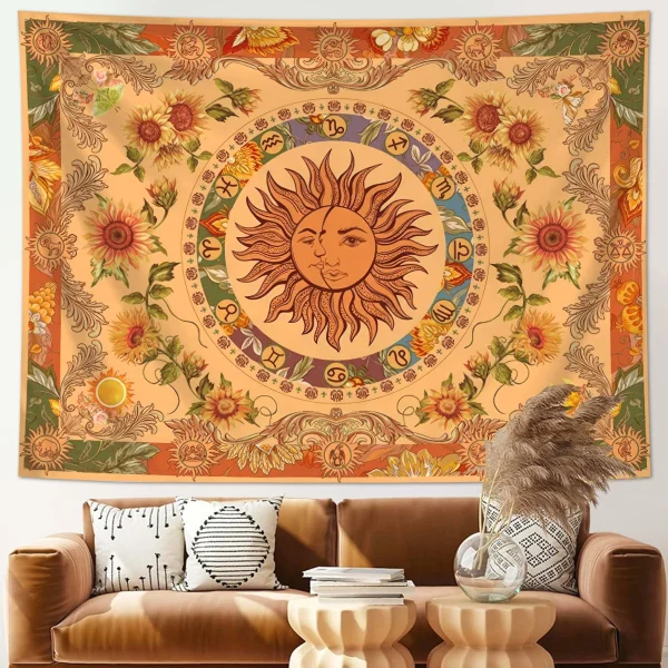 1pc Sun Moon Fantasy Tapestry, Retro Ethnic Wave Simia Tapestry, Sunflower Constellation Aesthetic Wall Hanging 4