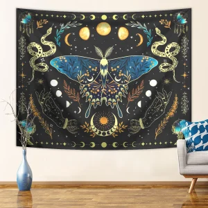 1pc Butterfly moon tapestry, Bohemian plant tapestry, aesthetic moth snake tapestry, retro plant starry sky tapestry 1