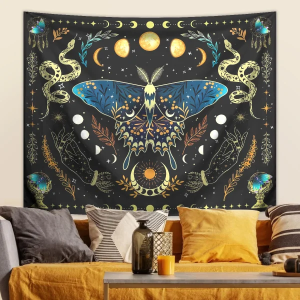 1pc Butterfly moon tapestry, Bohemian plant tapestry, aesthetic moth snake tapestry, retro plant starry sky tapestry 2