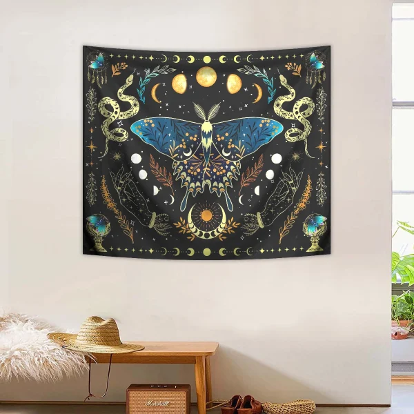 1pc Butterfly moon tapestry, Bohemian plant tapestry, aesthetic moth snake tapestry, retro plant starry sky tapestry 3