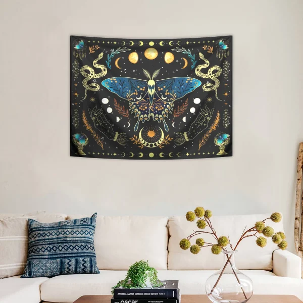 1pc Butterfly moon tapestry, Bohemian plant tapestry, aesthetic moth snake tapestry, retro plant starry sky tapestry 4