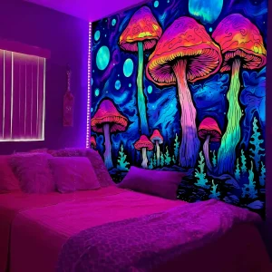 1pc Fluorescent magic tapestry, UV reactive black light tapestry, fantasy starry sky plant forest tapestry, bedroom decoration 1