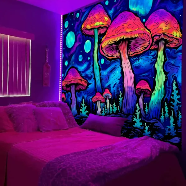 1pc Fluorescent magic tapestry, UV reactive black light tapestry, fantasy starry sky plant forest tapestry, bedroom decoration 1