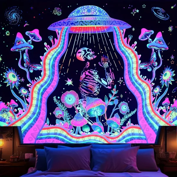VIKAMA Psychedelic Cosmic Prayer Tapestry Bohemian Bedroom Mystery Decoration UFO Skeleton Star Room Decoration 2