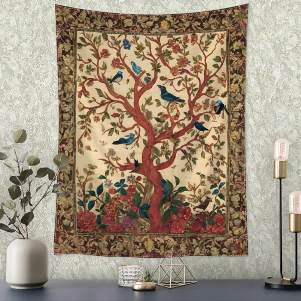 Retro Flower and Bird Tree Tapestry Wall Hanging Abstract Art Mysterious Witchcraft Hippie Dormitory Living Room Home Decor 2