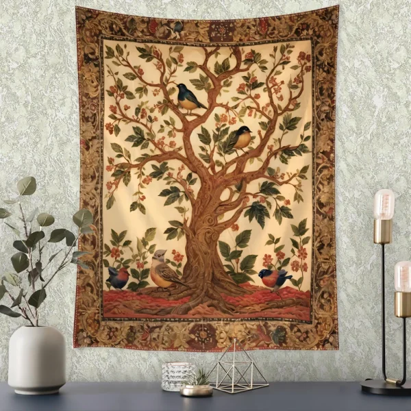 Retro Flower and Bird Tree Tapestry Wall Hanging Abstract Art Mysterious Witchcraft Hippie Dormitory Living Room Home Decor 5