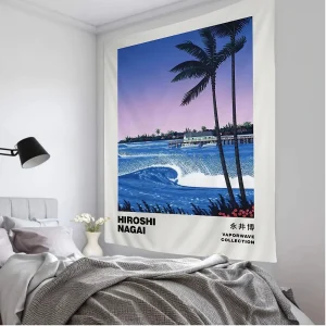 VIKAMA Summer Nagaihiro Steam Wave Art Tapestry Tokyo Pool Gradient Urban Beach Palm Room Decoration B&B Coffee Walls 1
