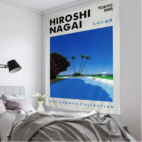 VIKAMA Summer Nagaihiro Steam Wave Art Tapestry Tokyo Pool Gradient Urban Beach Palm Room Decoration B&B Coffee Walls 2