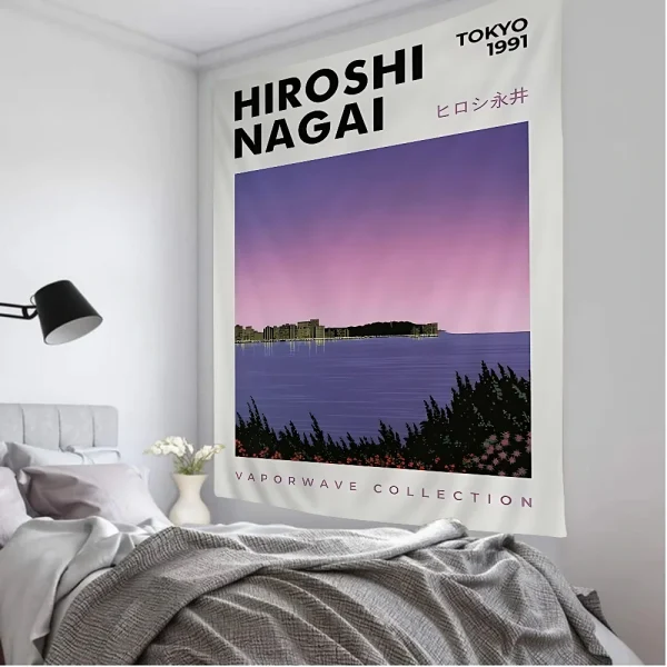 VIKAMA Summer Nagaihiro Steam Wave Art Tapestry Tokyo Pool Gradient Urban Beach Palm Room Decoration B&B Coffee Walls 3