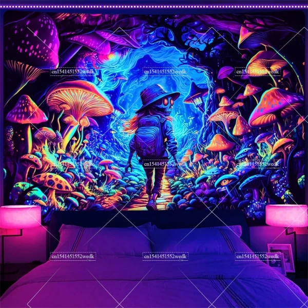 Blacklight Mushroom Tapestry UV Reactive Hippie Skull Tapestries Wall Hanging Eyes Forest Tapestry Glow In The Dark Posters 1