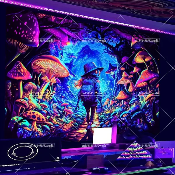 Blacklight Mushroom Tapestry UV Reactive Hippie Skull Tapestries Wall Hanging Eyes Forest Tapestry Glow In The Dark Posters 2
