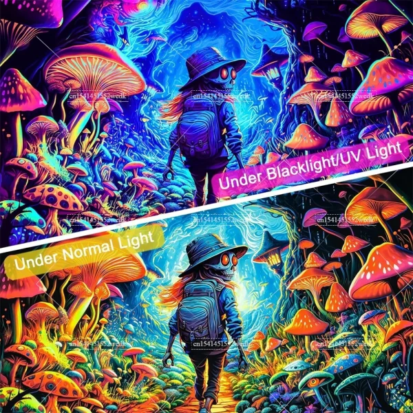 Blacklight Mushroom Tapestry UV Reactive Hippie Skull Tapestries Wall Hanging Eyes Forest Tapestry Glow In The Dark Posters 3