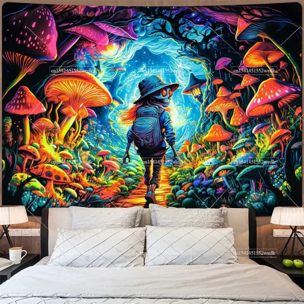 Blacklight Mushroom Tapestry UV Reactive Hippie Skull Tapestries Wall Hanging Eyes Forest Tapestry Glow In The Dark Posters 5