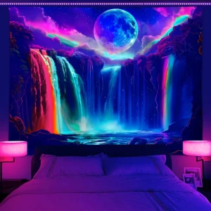 1PC Colorful Waterfall UV Response tapestry, Moon Night Sky Natural Landscape Black Light Home Decoration tapestry 1
