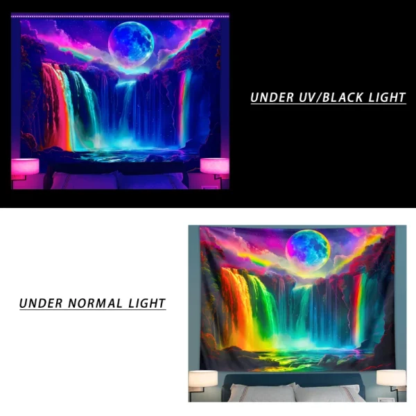 1PC Colorful Waterfall UV Response tapestry, Moon Night Sky Natural Landscape Black Light Home Decoration tapestry 3