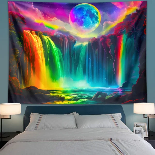 1PC Colorful Waterfall UV Response tapestry, Moon Night Sky Natural Landscape Black Light Home Decoration tapestry 4