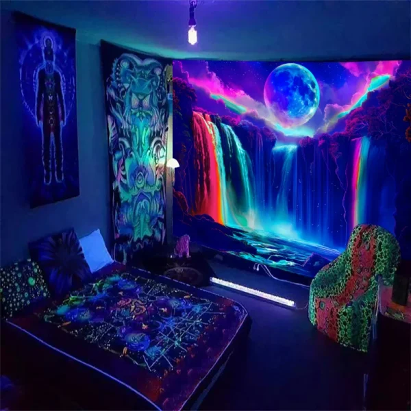 1PC Colorful Waterfall UV Response tapestry, Moon Night Sky Natural Landscape Black Light Home Decoration tapestry 5