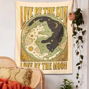 Sun Moon cat Tapestry Wall Hanging Tarot retro black white cat psychedelic love star for Living Room Home Dorm Decor Cloth gift 1
