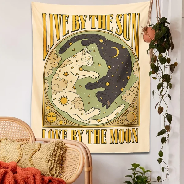 Sun Moon cat Tapestry Wall Hanging Tarot retro black white cat psychedelic love star for Living Room Home Dorm Decor Cloth gift 1