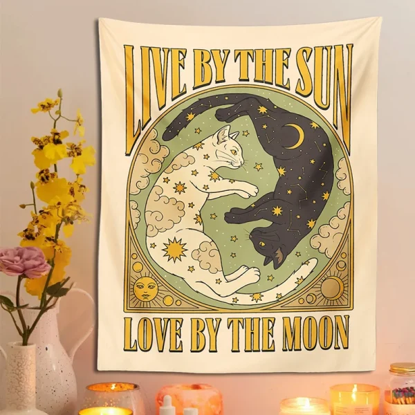 Sun Moon cat Tapestry Wall Hanging Tarot retro black white cat psychedelic love star for Living Room Home Dorm Decor Cloth gift 2