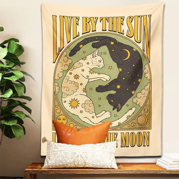 Sun Moon cat Tapestry Wall Hanging Tarot retro black white cat psychedelic love star for Living Room Home Dorm Decor Cloth gift 3