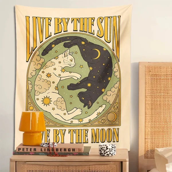 Sun Moon cat Tapestry Wall Hanging Tarot retro black white cat psychedelic love star for Living Room Home Dorm Decor Cloth gift 4