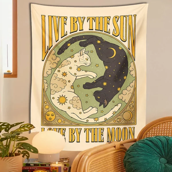 Sun Moon cat Tapestry Wall Hanging Tarot retro black white cat psychedelic love star for Living Room Home Dorm Decor Cloth gift 5