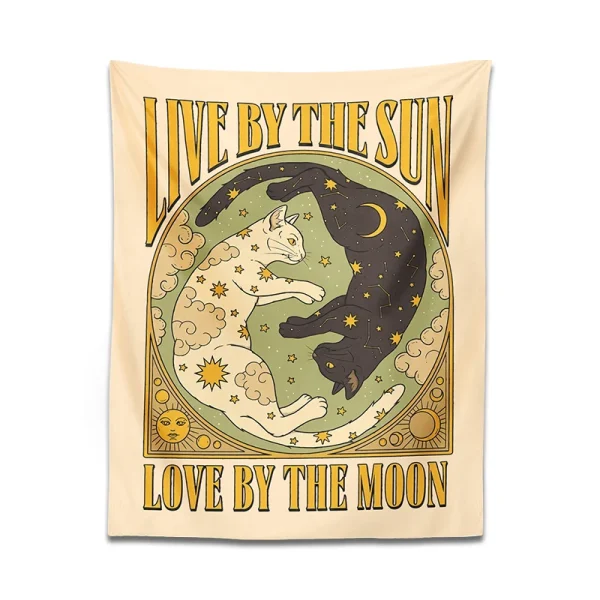 Sun Moon cat Tapestry Wall Hanging Tarot retro black white cat psychedelic love star for Living Room Home Dorm Decor Cloth gift 6