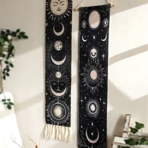 1pc Boho Celestial Wall Hanging Tapestry, Moon Phase Black and White Banner with Tassel, Witchy Bedroom Home Wall Art Decoration 1