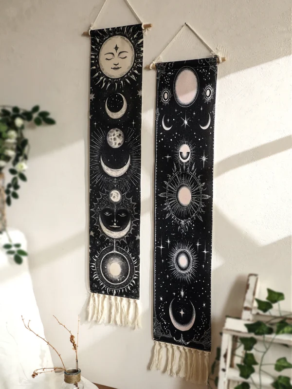 1pc Boho Celestial Wall Hanging Tapestry, Moon Phase Black and White Banner with Tassel, Witchy Bedroom Home Wall Art Decoration 1