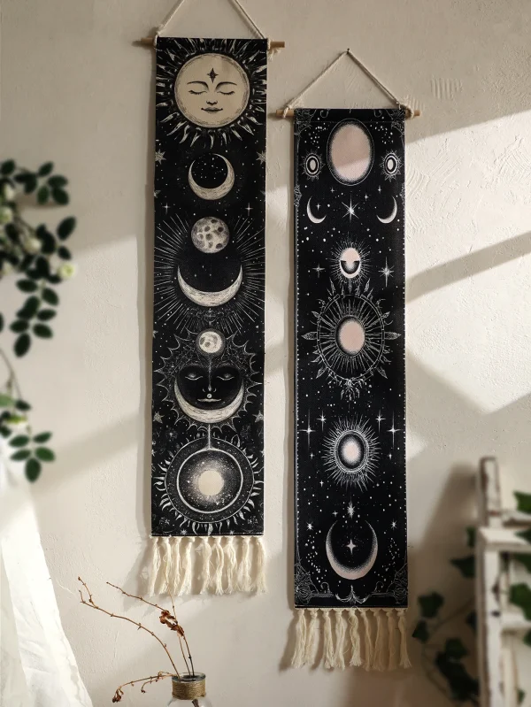 1pc Boho Celestial Wall Hanging Tapestry, Moon Phase Black and White Banner with Tassel, Witchy Bedroom Home Wall Art Decoration 2