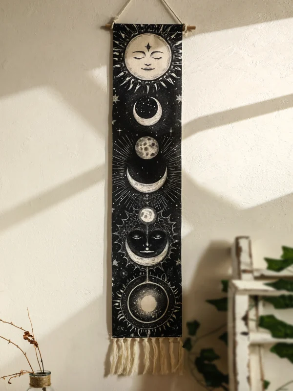 1pc Boho Celestial Wall Hanging Tapestry, Moon Phase Black and White Banner with Tassel, Witchy Bedroom Home Wall Art Decoration 3