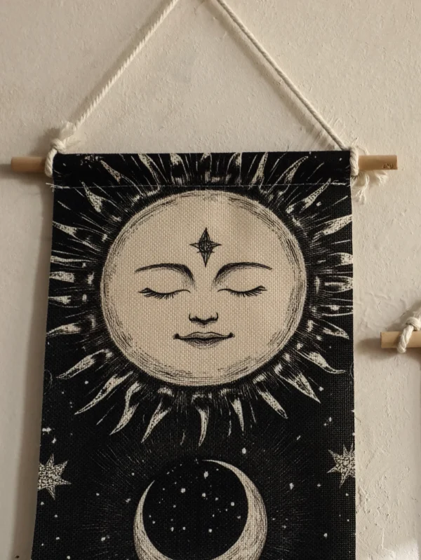 1pc Boho Celestial Wall Hanging Tapestry, Moon Phase Black and White Banner with Tassel, Witchy Bedroom Home Wall Art Decoration 4