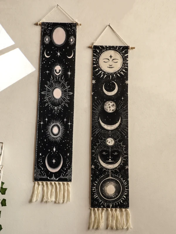 1pc Boho Celestial Wall Hanging Tapestry, Moon Phase Black and White Banner with Tassel, Witchy Bedroom Home Wall Art Decoration 6