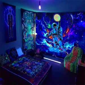 1pc Astronaut space fluorescent tapestry, UV black light space alien tapestry, cool galaxy space starry sky hanging 1