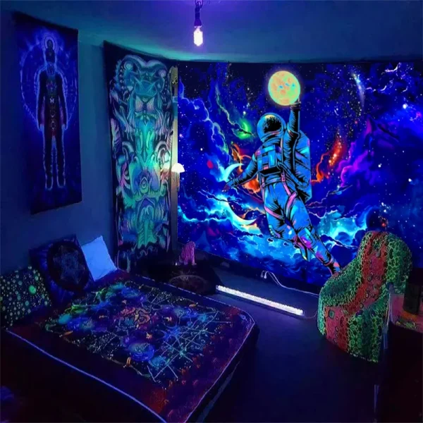1pc Astronaut space fluorescent tapestry, UV black light space alien tapestry, cool galaxy space starry sky hanging 1