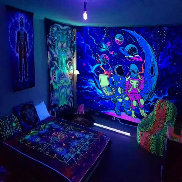 1pc Astronaut space fluorescent tapestry, UV black light space alien tapestry, cool galaxy space starry sky hanging 4