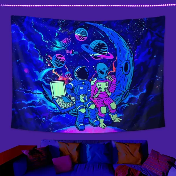 1pc Astronaut space fluorescent tapestry, UV black light space alien tapestry, cool galaxy space starry sky hanging 6