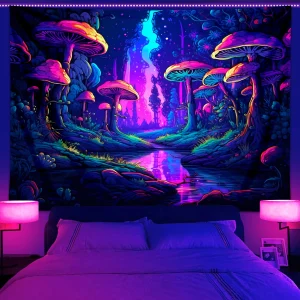 1pc UV reactive mushroom tapestry, neon effect black light tapestry, fantasy landscape mushroom forest fluorescent tapestry 1