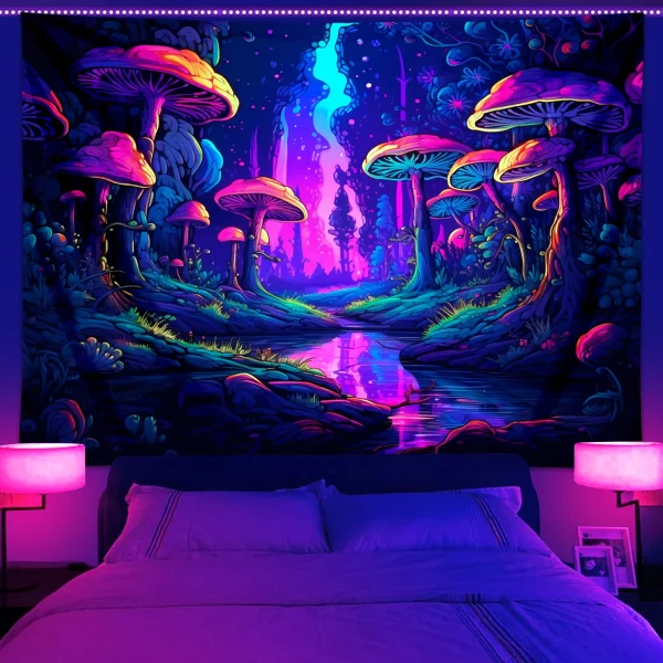 1pc UV reactive mushroom tapestry, neon effect black light tapestry, fantasy landscape mushroom forest fluorescent tapestry 1